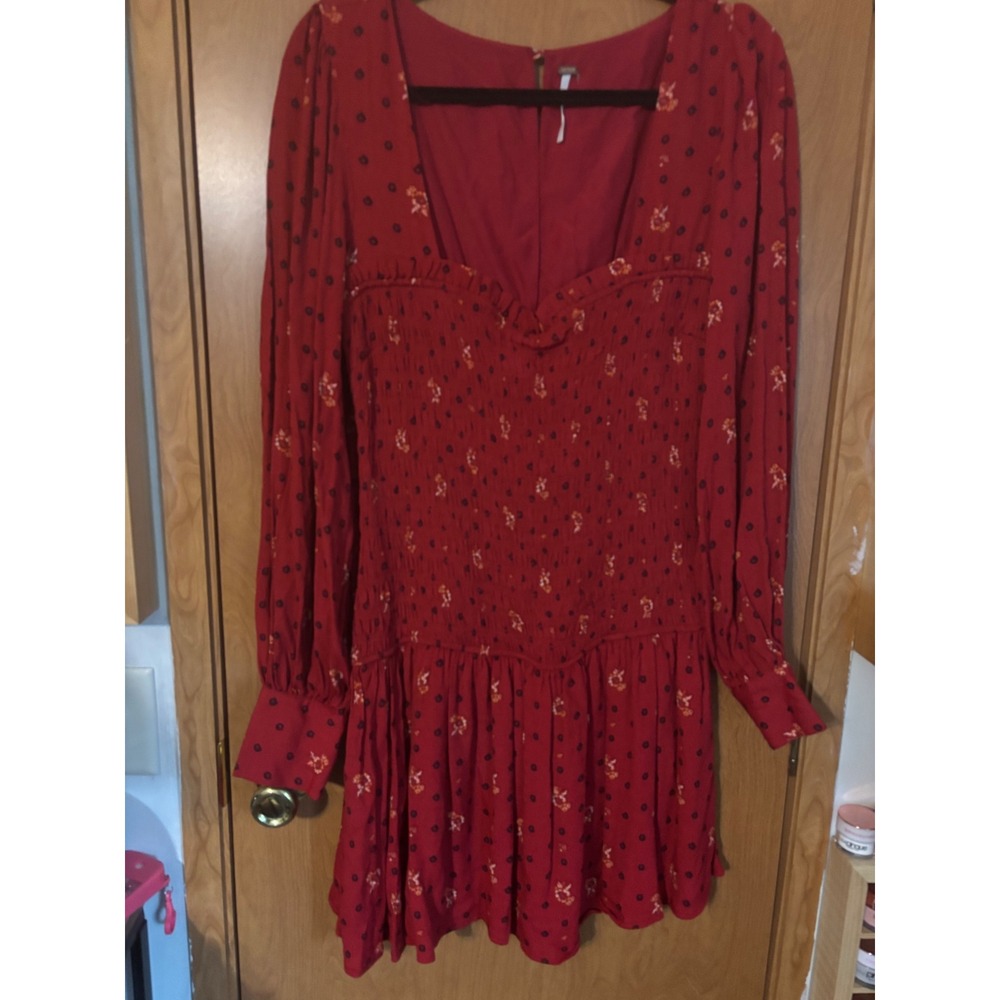 Free People Two Faces Mini Dress Long Sleeve Sweetheart Neck Ruby Combo- M